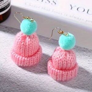 Pink and Blue Pom Pom Knit Earrings